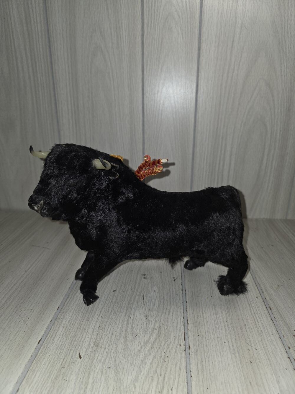 Vtg Spanish Fighting Bull Figurine Flocked Black Made In Spain 9" Read